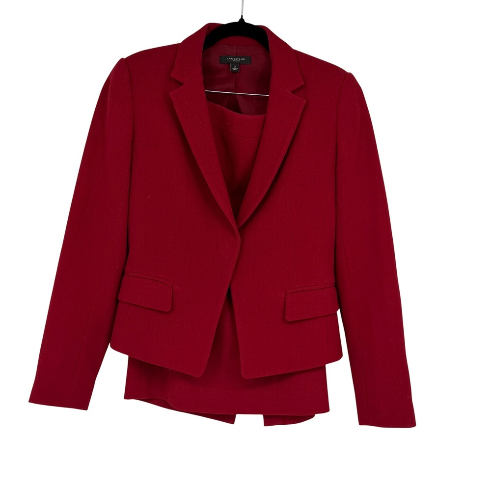 Ann Taylor Wool Skirt Suit Women's 2/0 Red Blazer Pencil Skirt Career